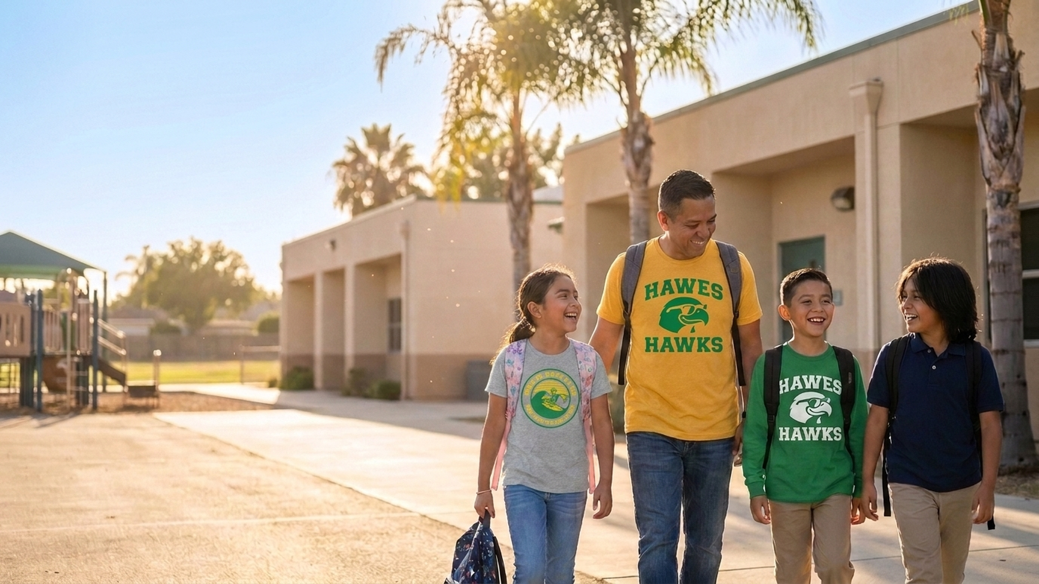 Hawes family and staff member wearing coordinated green and yellow hawk spirit wear on campus