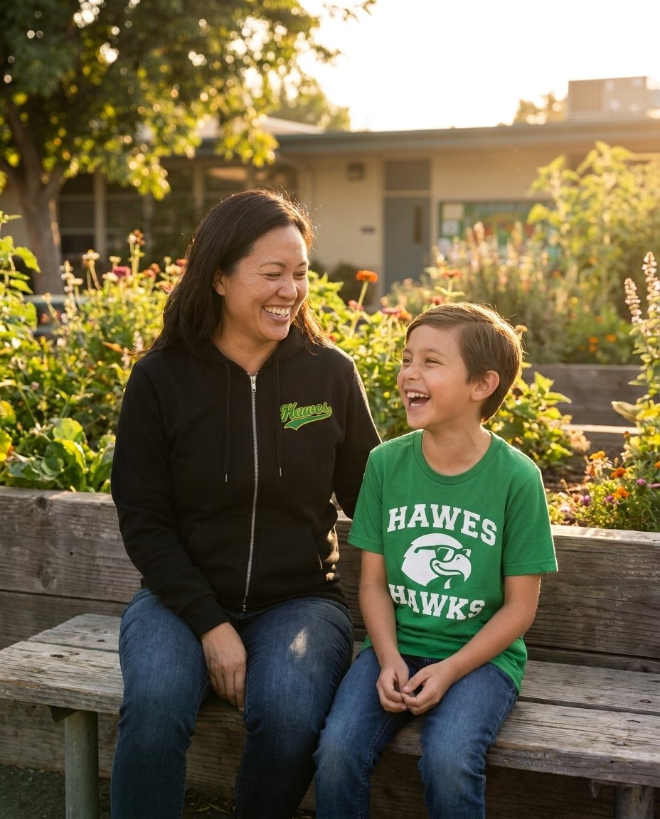 A parent and student at afternoon pickup in the black script zip hoodie and green varsity tee